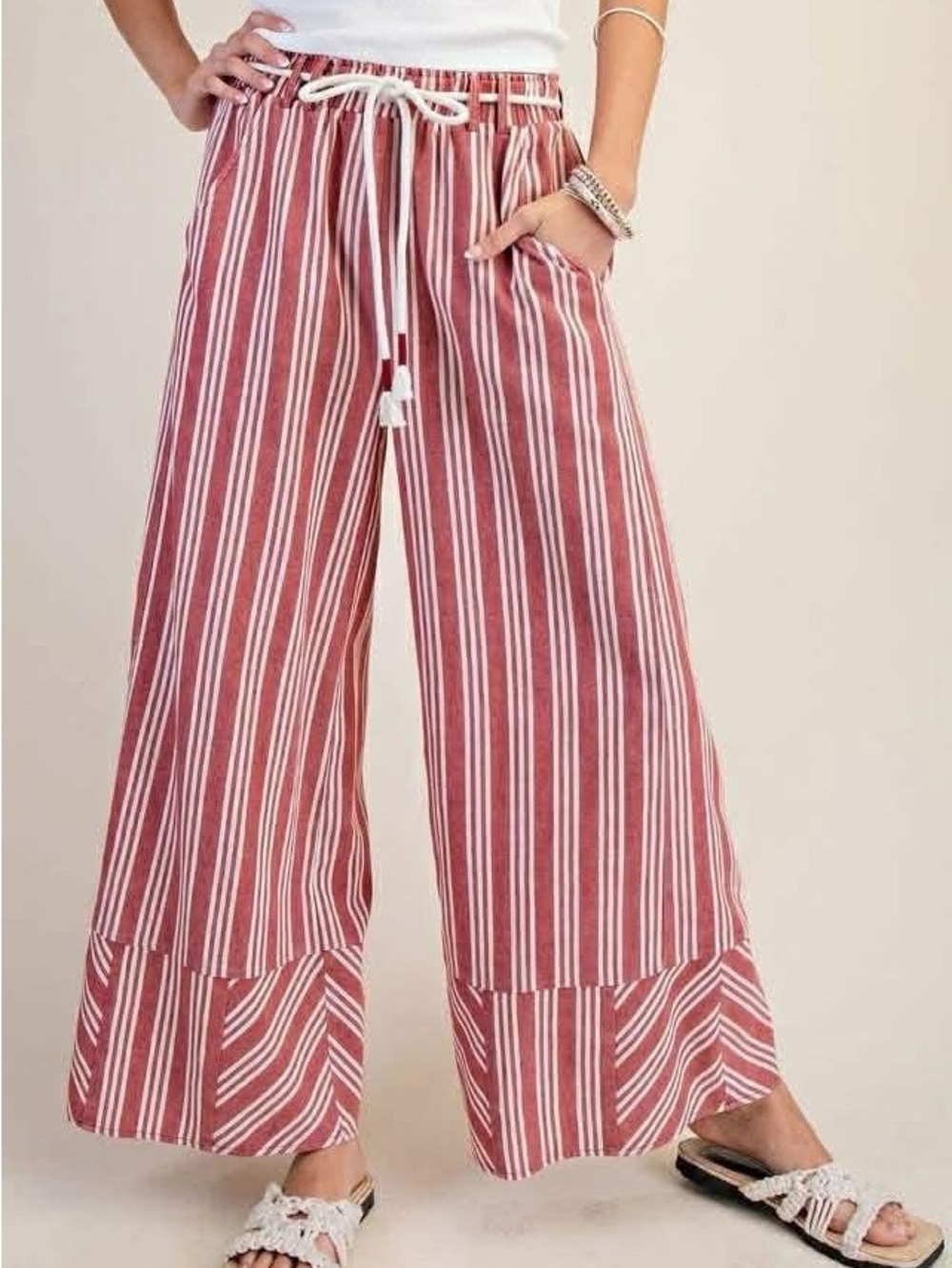 easel Maroon & White Striped Wide-Leg Drawstring Pants
